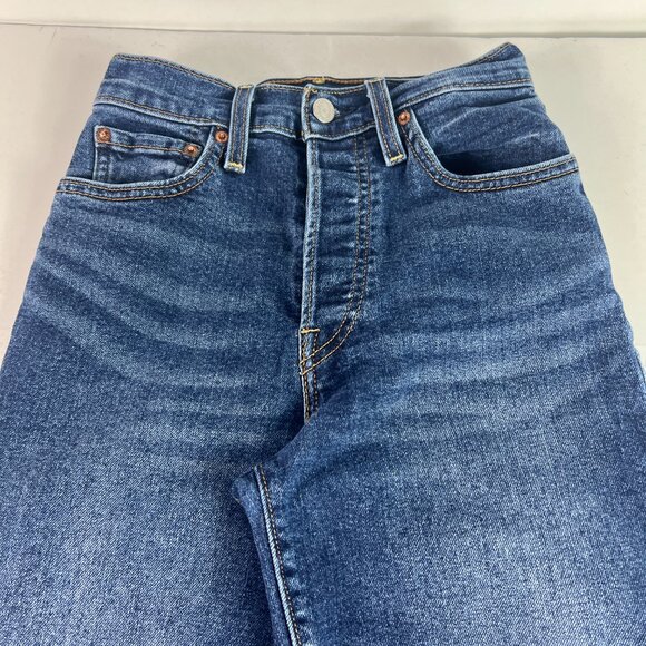 Levi's Jeans Women 24x25* Ribcage High Rise Straight Crop Dark Blue Denim Tag 25 - Picture 2 of 16